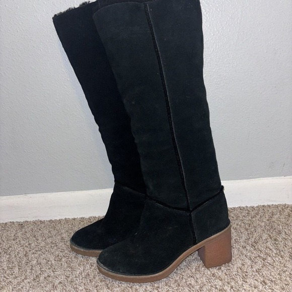 UGG Women Kasen Tall Waterproof Sheepskin Lined Black Suede Heel Boots size 7‎ - Picture 2 of 15